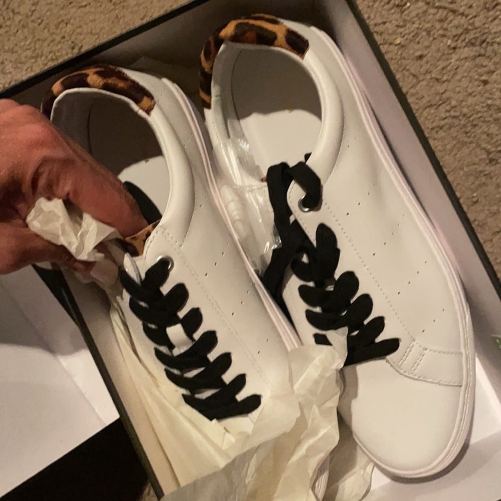 NIB J.CREW White/Leopard Leather Sneakers Sz 12